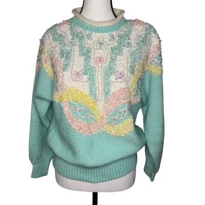 Jaclyn Smith Vintage 80s Pastel Green Pink Pearls Sweater Grandmacore S/M - Image 1 of 4