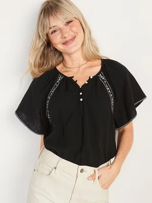 Blusa Swing Bordada Manga Flutter Old Navy Plus 2X 20 22 Algodão Preto Novo com etiquetas - Imagem 1 de 4