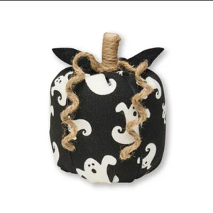 Primitive PUMPKIN Halloween Black & White GHOST Fabric Wood Stem 3x3" - Picture 1 of 1