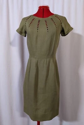Vintage 50s Atomic Green Geometric Moygashel Linen Dress Carlye Cut out MCM USA - Image 1 of 4