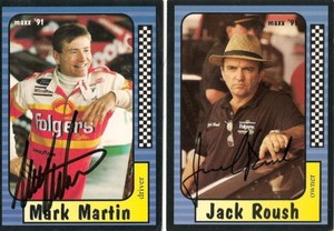 (4) Mark Martin Jack Roush '92 MAXX FOLGERS FORD #6 signed cards HOFers 75 GREAT