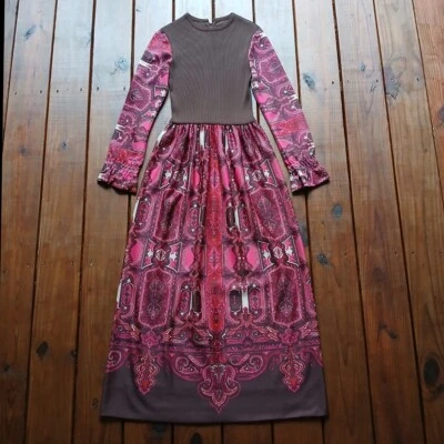 Vintage 70's S brown and pink geometric boho print long sleeve retro maxi dress - Image 1 of 4