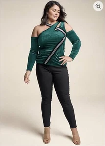 Venus Woman Green Velvet Embellished Long Sleeved Top Blouse Spandex Size 3X - Picture 1 of 16