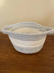 Handmade Fabric Rope Coil Basket-Blue/White-w/ Handles-Storage or Home Decor - Picture 1 of 5