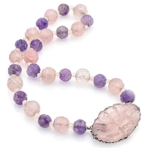 Antique Sterling Silver Carved Rose Quartz & Amethyst Beaded Strand Necklace - Picture 1 of 4