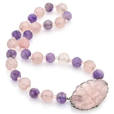 Antiguo collar de plata esterlina tallado en cuarzo rosa y cuentas de amatista Foto 1 de 4