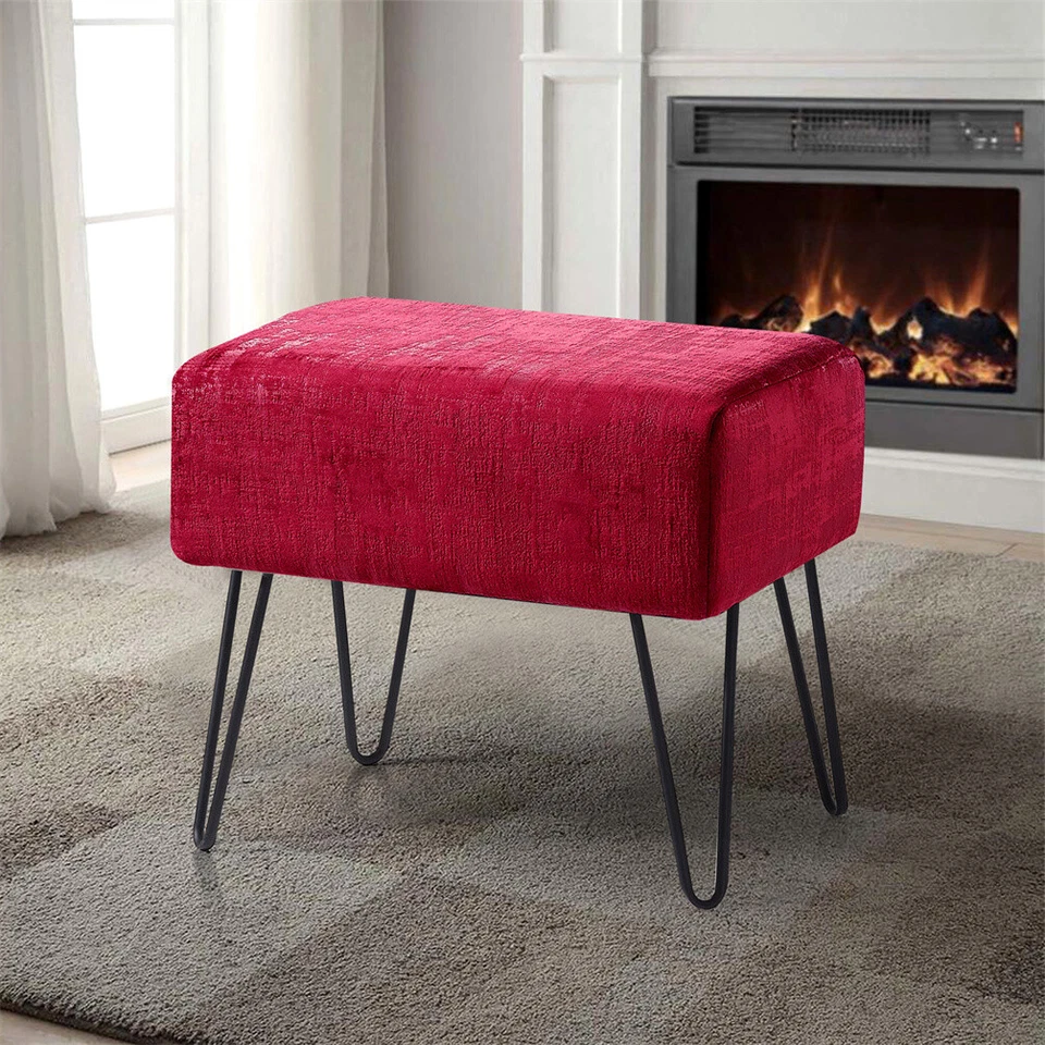 Plush Textured Velvet Ottoman Footstool Metal Legs Accent for Modern Living Room - Image 1 of 4