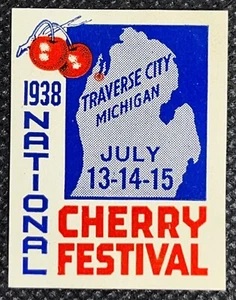 Vintage Poster Stamp 1938 Traverse City Michigan National Cherry Festival - Picture 1 of 3
