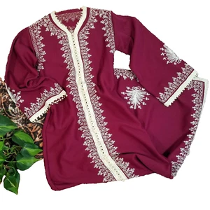 Vtg Maroon Boho Hippy Cult Caftan Ethnic Moroccan Embroidered Maxi Lounge Robe - Picture 1 of 10