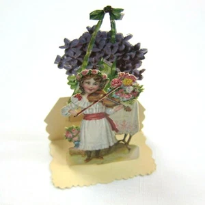 Vintage Valentine Pop Up 3D Die Cut Girl Plays Violin Pull Down Germany 1920-30s - Picture 1 of 12