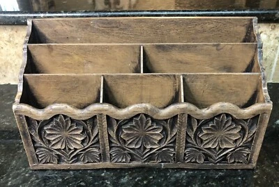 LERNER Carved Faux Wood Letter Holder Mail Organizer Caddy 12” X 7” X 4” Vintage - Image 1 of 4