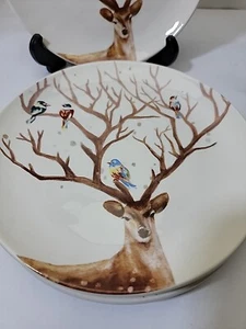Pier 1 Imports ALEXANDER Salad Plate The Rein Deer Birds Antlers Winter 8.75” - Picture 1 of 6