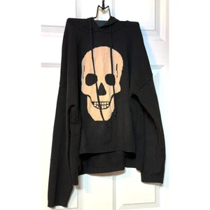 Sweet Romeo Skull Knit Hooded Sweater Black Long Sleeve Pull-Over High-Low Hem L - Picture 1 of 7