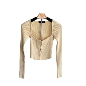 URBAN OUTFITTERS Beige Ribbed Lace-Up Sweater Womens L Soft Girl Coquette - Picture 1 of 7