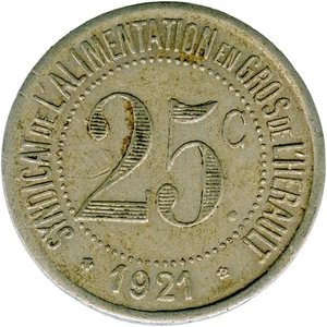 # FRANCE 1921 ☆ 25c • HERAULT • SYND ALIMENTATION ☆ FRENCH EMERGENCY COIN ☆C9412 - Picture 1 of 4