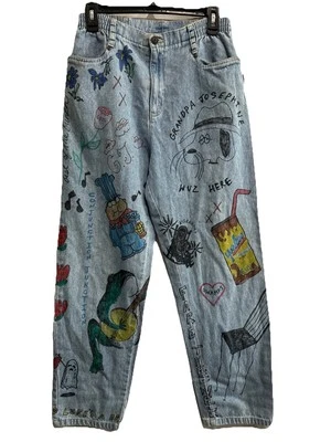 Blasssport Straight Leg Jeans Sz 10 Blue High Rise Mom Cotton Hand Drawn Designs - Image 1 of 4