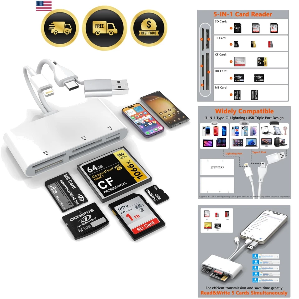Memory Card Reader 5-in-3 USB C USB A SD Micro SD CF XD MS Card Adapter - Image 1 of 4
