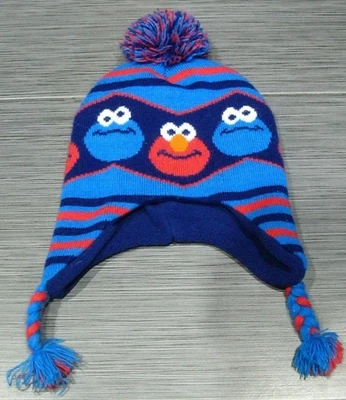 芝麻街饼干怪物和Elmo针织冬季豆豆带Pom Pom男孩女孩 — 第 1/4 张图片