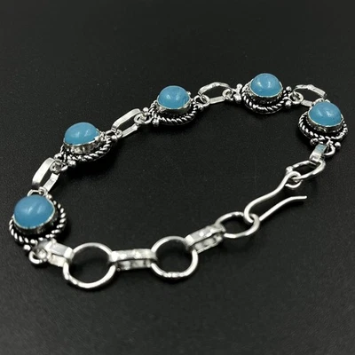 Pulsera de cadena de plata de ley 925 con piedras preciosas de calcedonia azul Foto 1 de 4