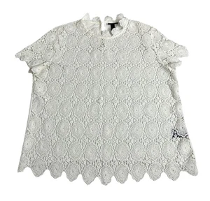 Who What Wear Top Womens L Cream Crochet Lace Sheer Short Sleeve Coquette Preppy - Picture 1 of 13