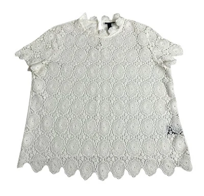 Who What Wear Top Womens L Cream Crochet Lace Sheer Short Sleeve Coquette Preppy - Image 1 of 4