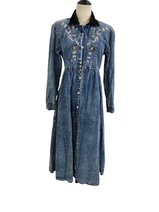 Vestido Vaquero Jane Ashley Años 80 De Colección Cuello Terciopelo Cuentas Western Midi Retro Vaquera  - Imagen 1 de 9