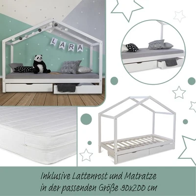 Kinderbett 90x200 Matratze Mädchen 2 Schubladen Junge Hausbett Weiß Homestyle4u - Bild 1 von 4
