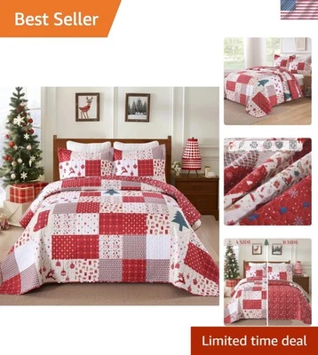Queen Size Reversible Christmas Quilt Set - Festive Holiday Patchwork with Shams - Image 1 of 4