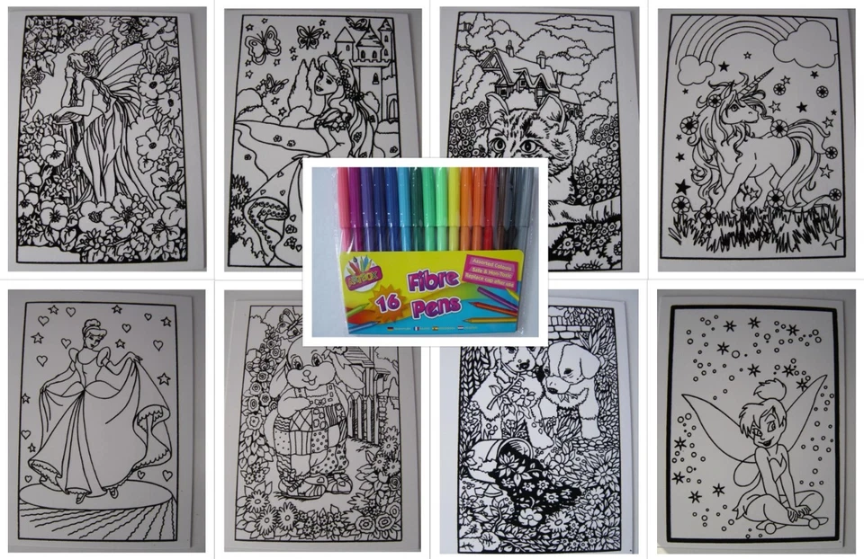Velvet colouring cards, 8 art pictures BOY or GIRL  with 16 fibre / felt pens - Image 1 of 2