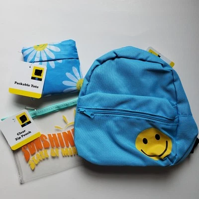 Mini Backpack Smiley Face, Packable Tote, Pencil Makeup Case Hippie Boho Daisies - Image 1 of 4