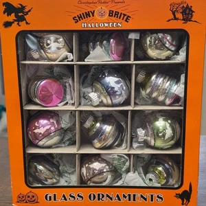 Radko SHINY BRITE HALLOWEEN Glas Ornamente 12er Set Fledermäuse & Katzen schwarz orange - Bild 1 von 3