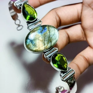 Natural Labradorite and Peridot Gemstone Bracelet 925 Sterling Silver Jewelry 8" - Picture 1 of 5