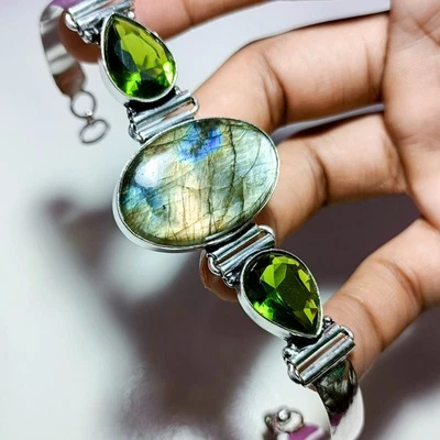 Natural Labradorite and Peridot Gemstone Bracelet 925 Sterling Silver Jewelry 8" - Image 1 of 4