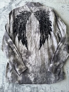 Eighty Eight Hemd Herren XL grau Flügel Samt beflockt Button Down Batik Y2K 90er - Bild 1 von 12
