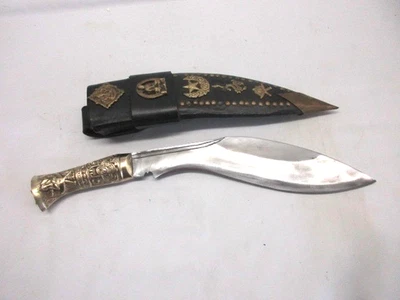 Cuchillo Khukri vintage y funda de cuero, diseños elaborados, mango de latón fundido Foto 1 de 4