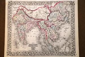 1873 RARE ANTIQUE MITCHELL ATLAS MAP OF HINDUSTAN, INDIA, CHINA, TIBET