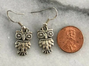 Sterling Silver Horned Wise Owl Earrings Pierced 925 Fish Hook Dangle Style NICE - Picture 1 of 2