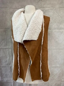 C+D+M Women's Faux Shearling Suede Vest Open Front Brown Size L - Picture 1 of 7