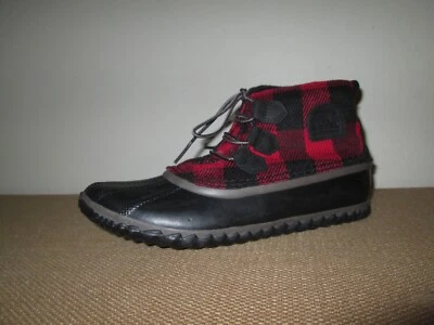 Botas SOREL Out N About Tobillo Pato Rojo + Negro Cuadros Búfalo Impermeables Talla 10 Foto 1 de 4