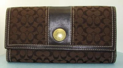 Coach Tri Fold Brown Canvas & Brown Leather Trim SIgnature Wallet & Checkbook - Image 1 of 4