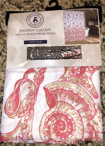 New Caribbean Joe SEA SHORE Shower Curtain Coral Tan & White with Beaded Hooks - Picture 1 of 5