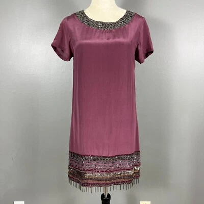 Nicole Miller Artelier Silk Shift Mini Dress M Beaded Retro Indie Maximalist Y2K - Image 1 of 4