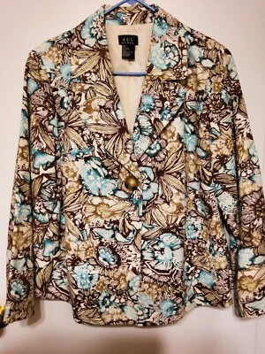 R.Q.T. 女士绿松石棕色奶油色内衬口袋单扣夹克外套,尺寸。 1X — 第 1/4 张图片