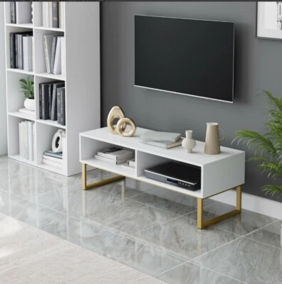 TV Cabinet Wooden TV Stand TV Console Table Centre Table with 2 Open Shelf White - Image 1 of 4