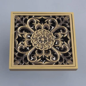 Carved Antique Brass Square Shower Drain Floor Waste Drain Cover Strainer mhr122 - Picture 1 of 11