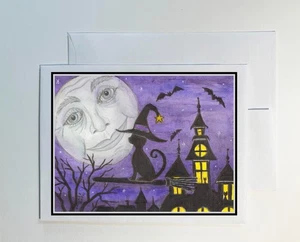 Halloween cat on a broom in a witches hat with a big happy moon, notecard  #1051 - Picture 1 of 3