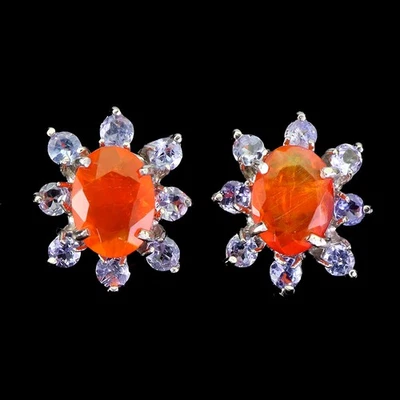 925 Sterling Silver Earrings Oval Orange Opal 7x5mm Tanzanite Gemstone Jewelry - Image 1 of 4