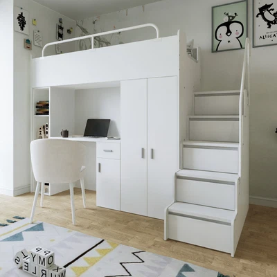 Hochbett Etagenbett JSM-4 Matt mit Treppe, Schrank, Schreibtisch und Matratze - Bild 1 von 4