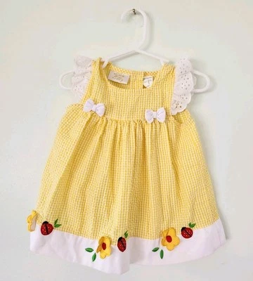 Vestido Vintage Seersucker Cuadros Guinga Ladybug Bordado Bebé 12 Meses Amarillo Foto 1 de 4