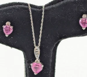 10k White Gold Heart Pink Sapphire Necklace Pendant Earrings set Parure - Picture 1 of 12